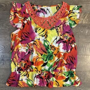 Cato Women's Top Short Flutter Sleeve Colorful Artsy Abstract Vacation XL Mature